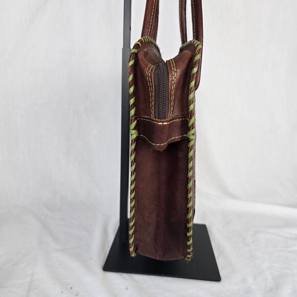 Leaders in Leather Tote Laptop Bag Hand Tooled Cutout Brown Green Paraguay - Picture 10 of 16